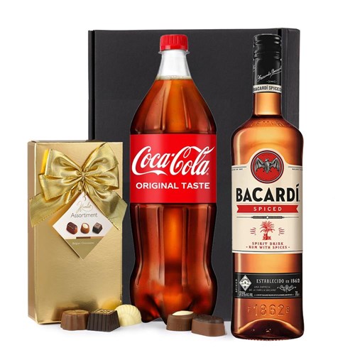 Bacardi Spiced Rum 70cl with Coca-Cola & Chocolates Gift Box | Spirit Mixer Set
